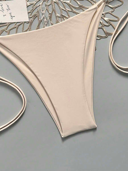 Women's Solid Halter Bikini Set - Knot Detail, Tie Side, Triangle Cup, Navy Blue