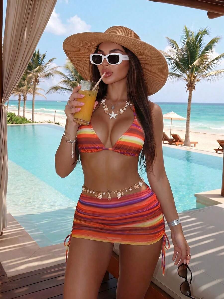 Women's 3-Piece Leopard Print Bikini Set - Halter Triangle Cup, Mesh Skirt, Tie Side, Multicolor