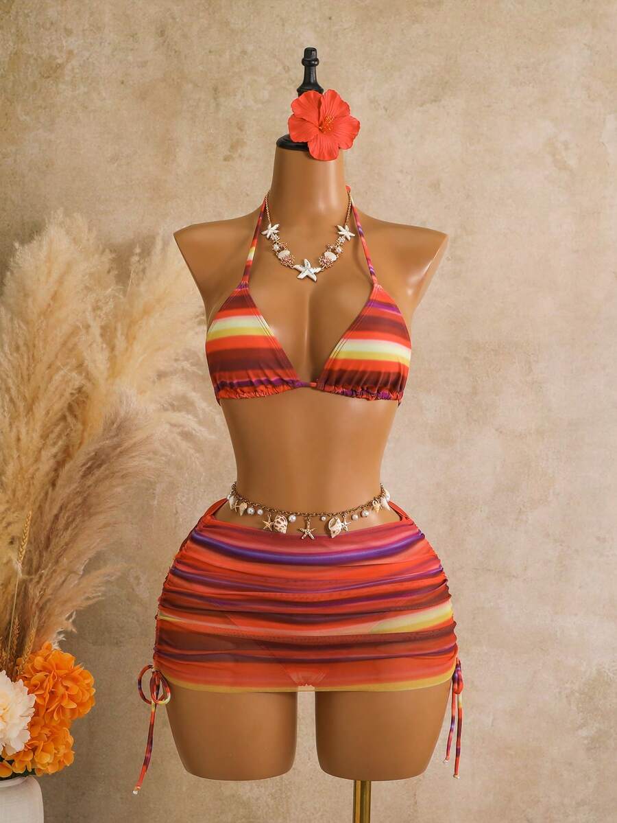 Women's 3-Piece Leopard Print Bikini Set - Halter Triangle Cup, Mesh Skirt, Tie Side, Multicolor