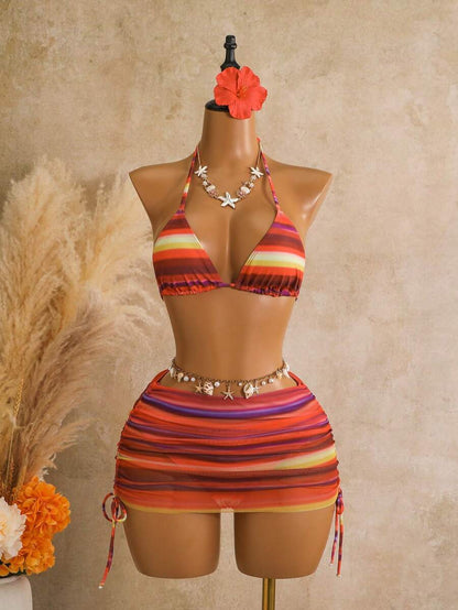 Women's 3-Piece Leopard Print Bikini Set - Halter Triangle Cup, Mesh Skirt, Tie Side, Multicolor