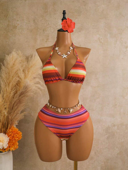 Women's 3-Piece Leopard Print Bikini Set - Halter Triangle Cup, Mesh Skirt, Tie Side, Multicolor