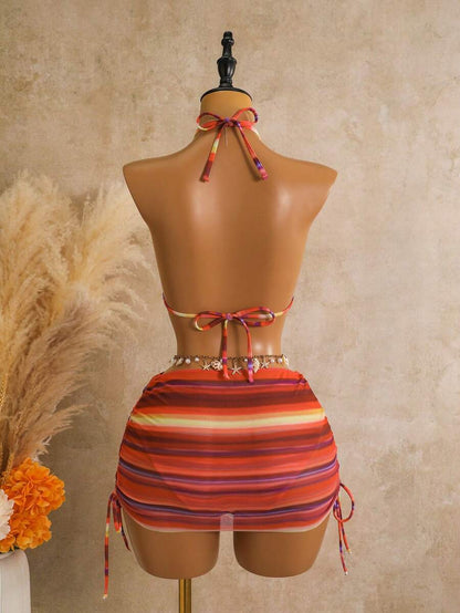 Women's 3-Piece Leopard Print Bikini Set - Halter Triangle Cup, Mesh Skirt, Tie Side, Multicolor