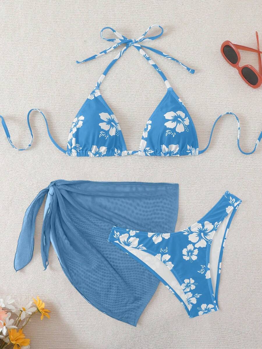Women's 3-Piece Shell Print Bikini Set - V-Neck Halter, Triangle, Side Tie Skirt, Multicolor