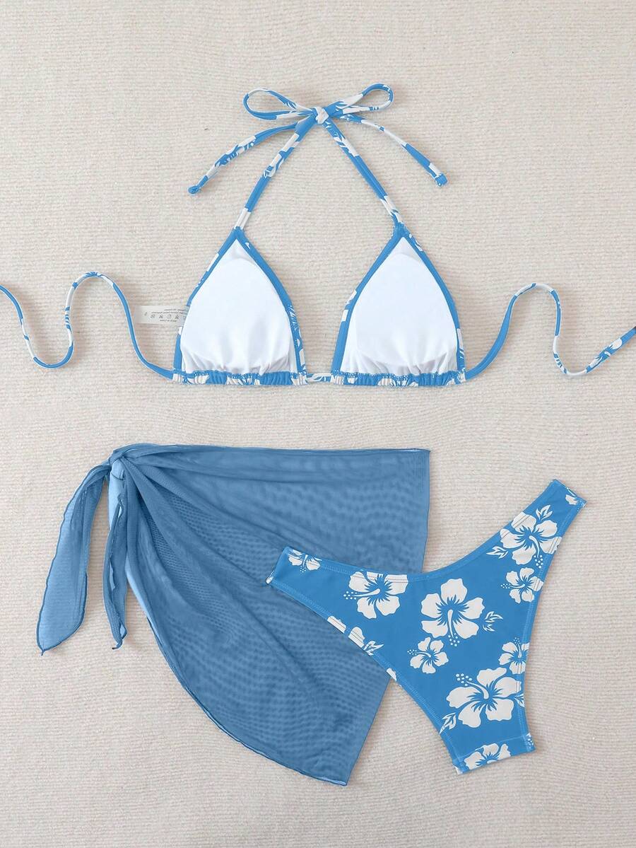 Women's 3-Piece Shell Print Bikini Set - V-Neck Halter, Triangle, Side Tie Skirt, Multicolor