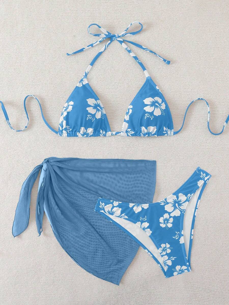 Women's 3-Piece Shell Print Bikini Set - V-Neck Halter, Triangle, Side Tie Skirt, Multicolor