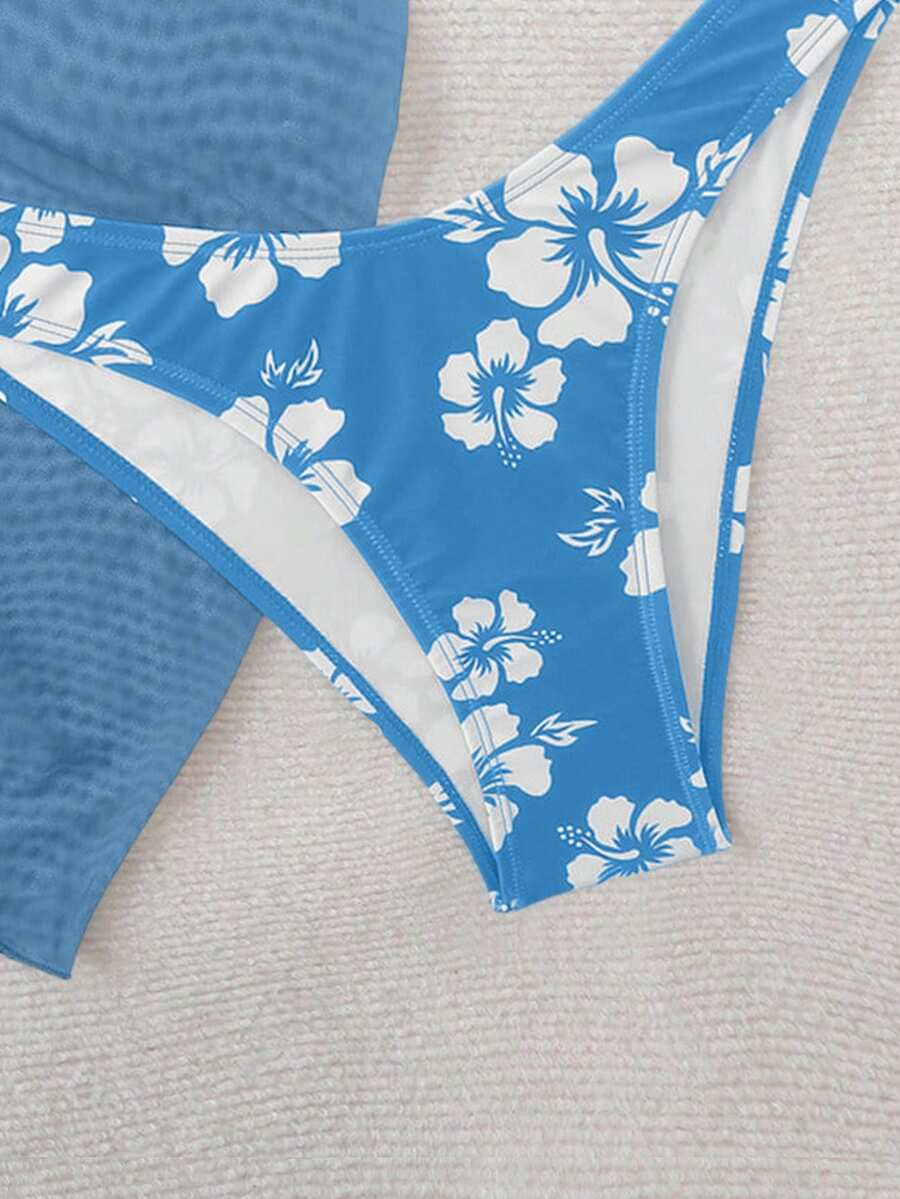 Women's 3-Piece Shell Print Bikini Set - V-Neck Halter, Triangle, Side Tie Skirt, Multicolor