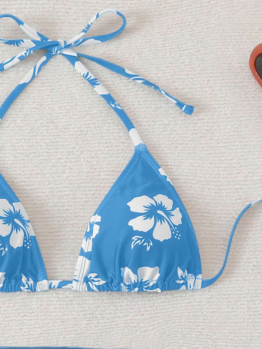 Women's 3-Piece Shell Print Bikini Set - V-Neck Halter, Triangle, Side Tie Skirt, Multicolor