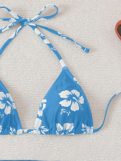 Women's 3-Piece Shell Print Bikini Set - V-Neck Halter, Triangle, Side Tie Skirt, Multicolor