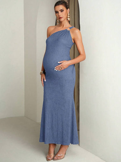 Pregnant Women Solid Color Metal Ring Decor Asymmetric Neckline Fitted Sleeveless Dress