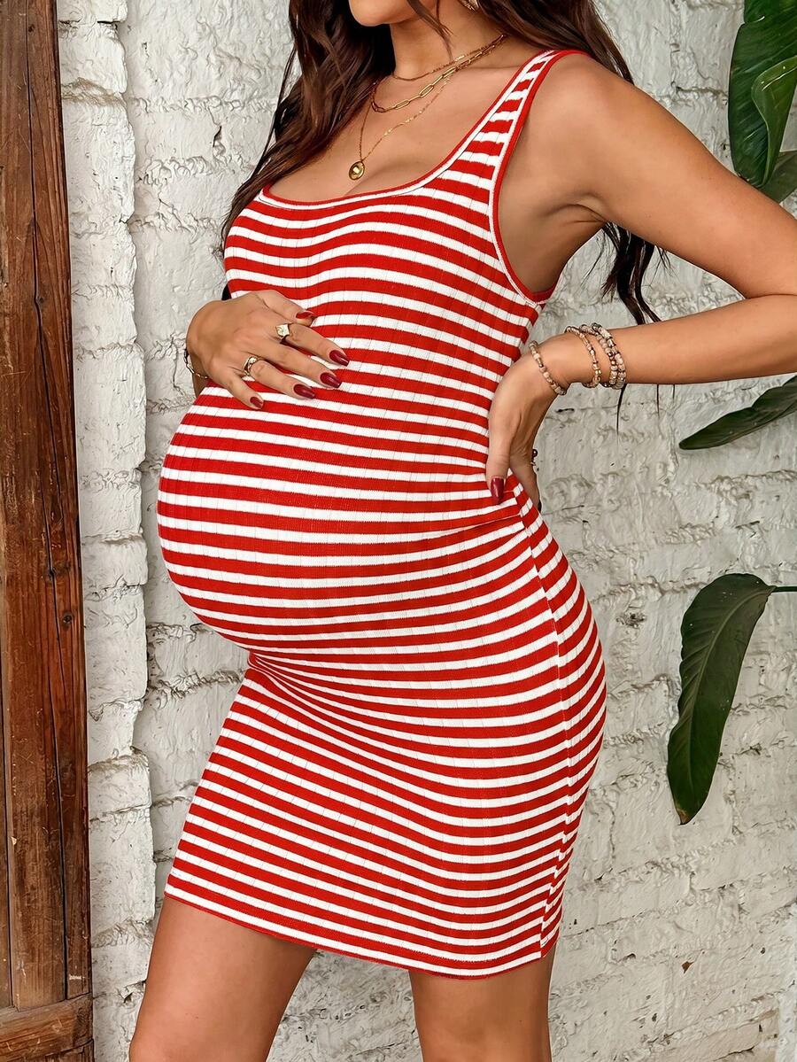 Maternity Striped Print Square Neck Fitted Sleeveless Dress