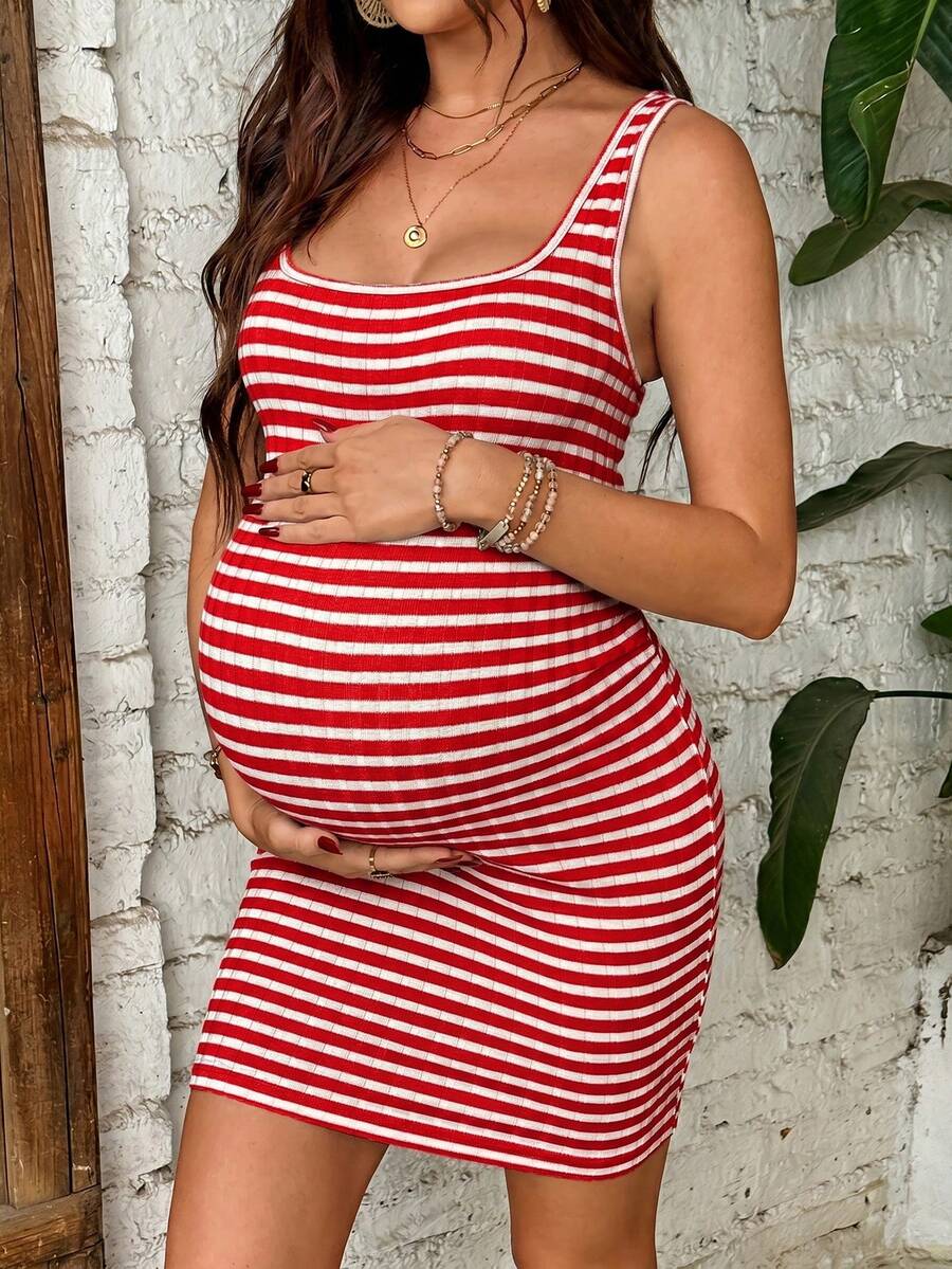 Maternity Striped Print Square Neck Fitted Sleeveless Dress