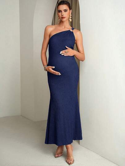 Fashionable & Versatile Textured Asymmetrical Shoulder Metal Buckle Maternity Dress