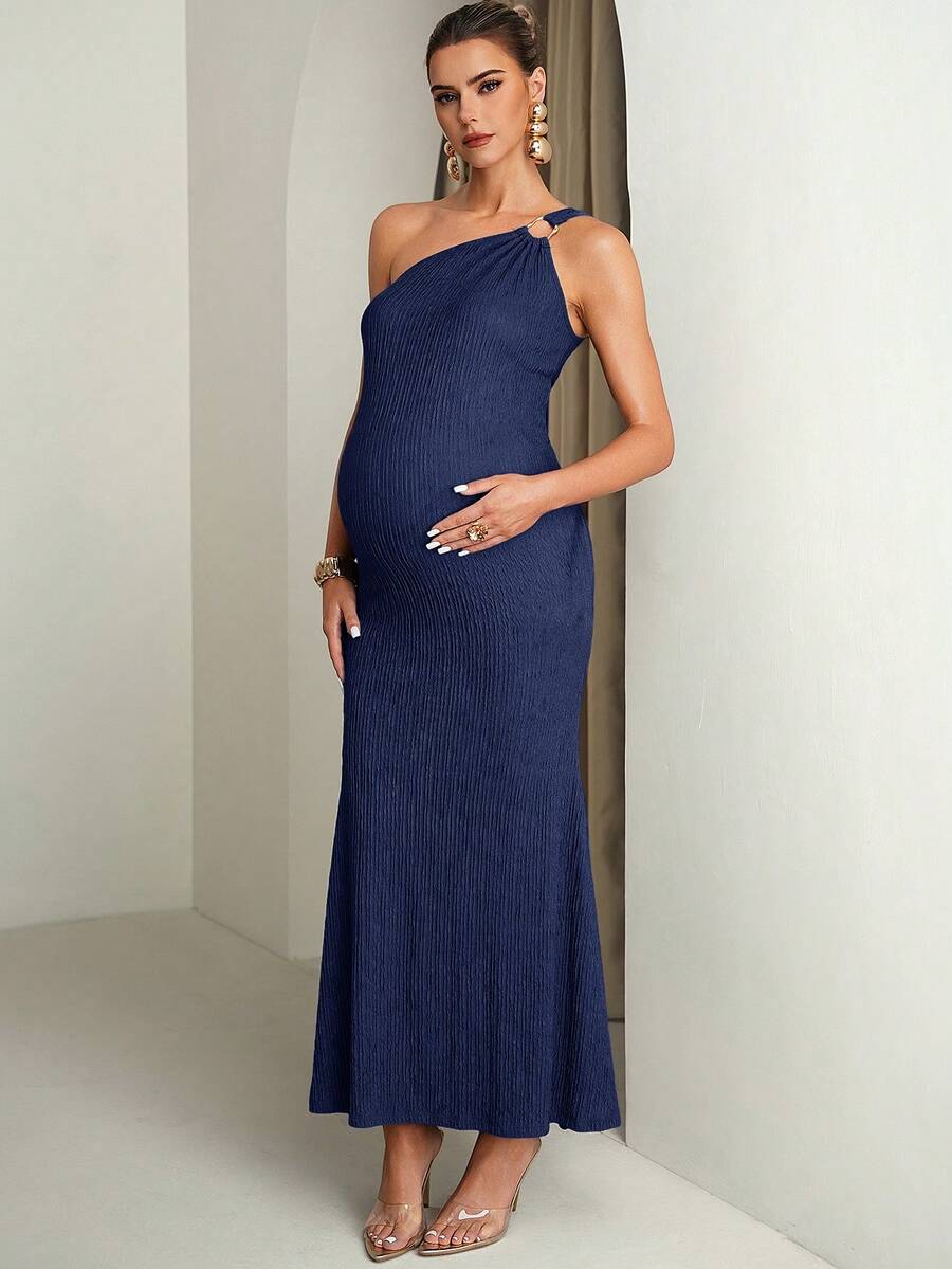 Pregnant Women Solid Color Metal Ring Decor Asymmetric Neckline Fitted Sleeveless Dress