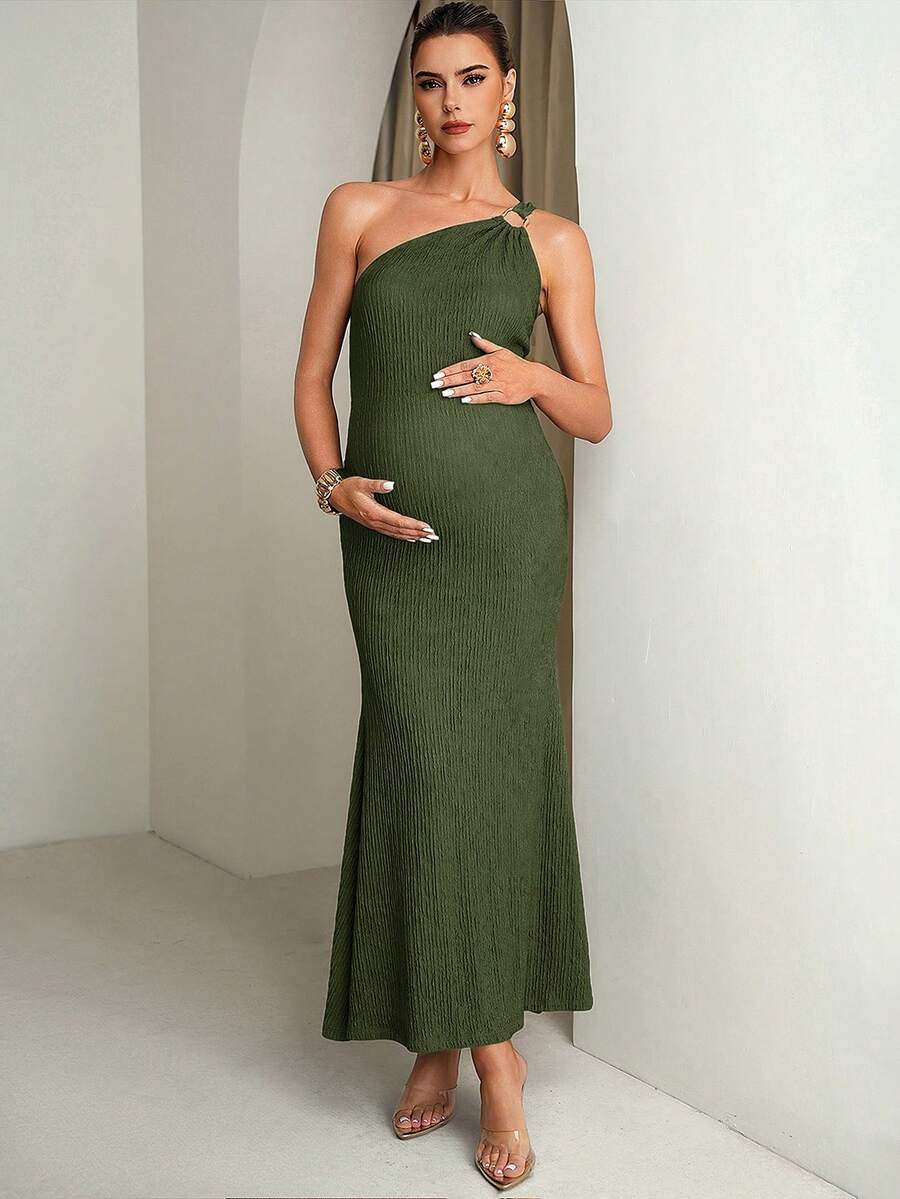 Fashionable & Versatile Textured Asymmetrical Shoulder Metal Buckle Maternity Dress