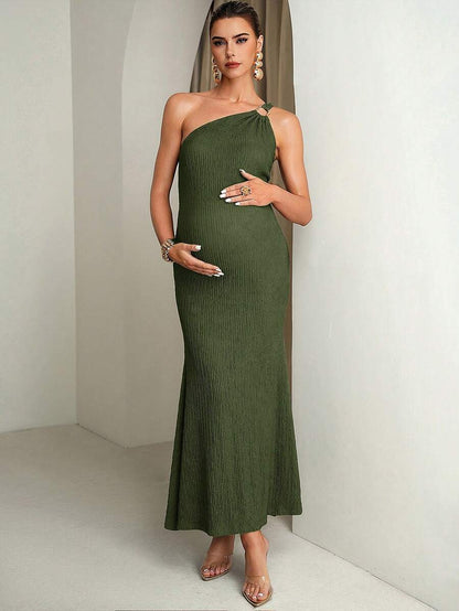 Fashionable & Versatile Textured Asymmetrical Shoulder Metal Buckle Maternity Dress