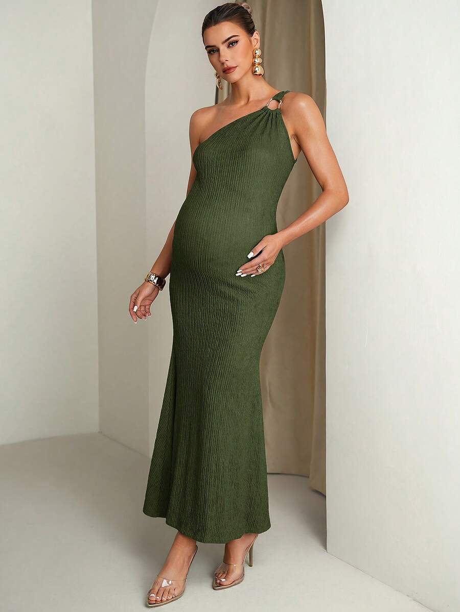 Pregnant Women Solid Color Metal Ring Decor Asymmetric Neckline Fitted Sleeveless Dress