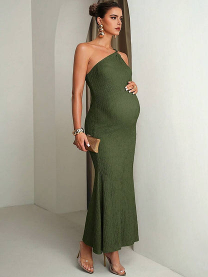 Fashionable & Versatile Textured Asymmetrical Shoulder Metal Buckle Maternity Dress