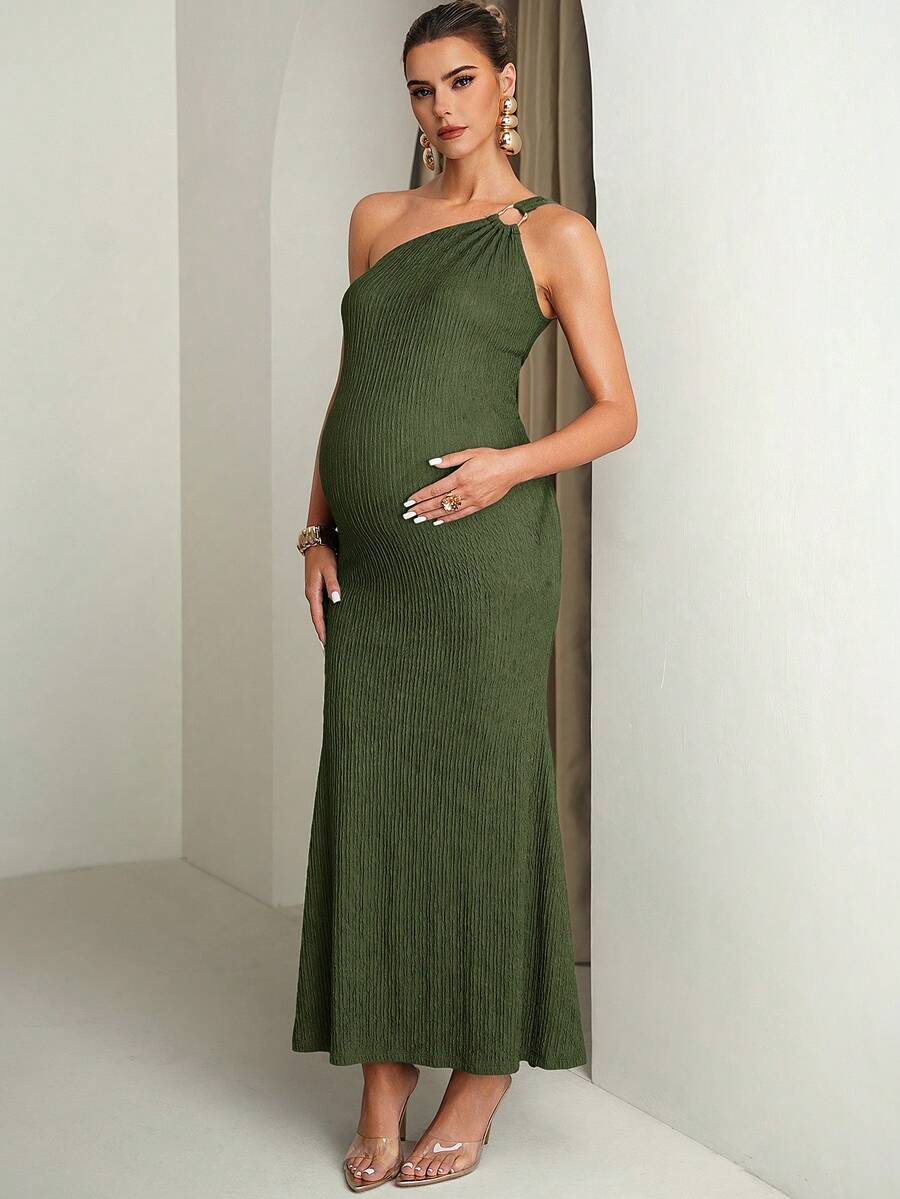 Fashionable & Versatile Textured Asymmetrical Shoulder Metal Buckle Maternity Dress