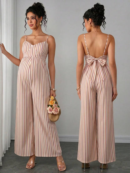 Maternity Striped Cami Jumpsuit - Spaghetti Strap, Wide Leg, Loose Fit, Cropped, Blue