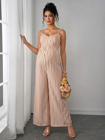 Maternity Striped Cami Jumpsuit - Spaghetti Strap, Wide Leg, Loose Fit, Cropped, Blue