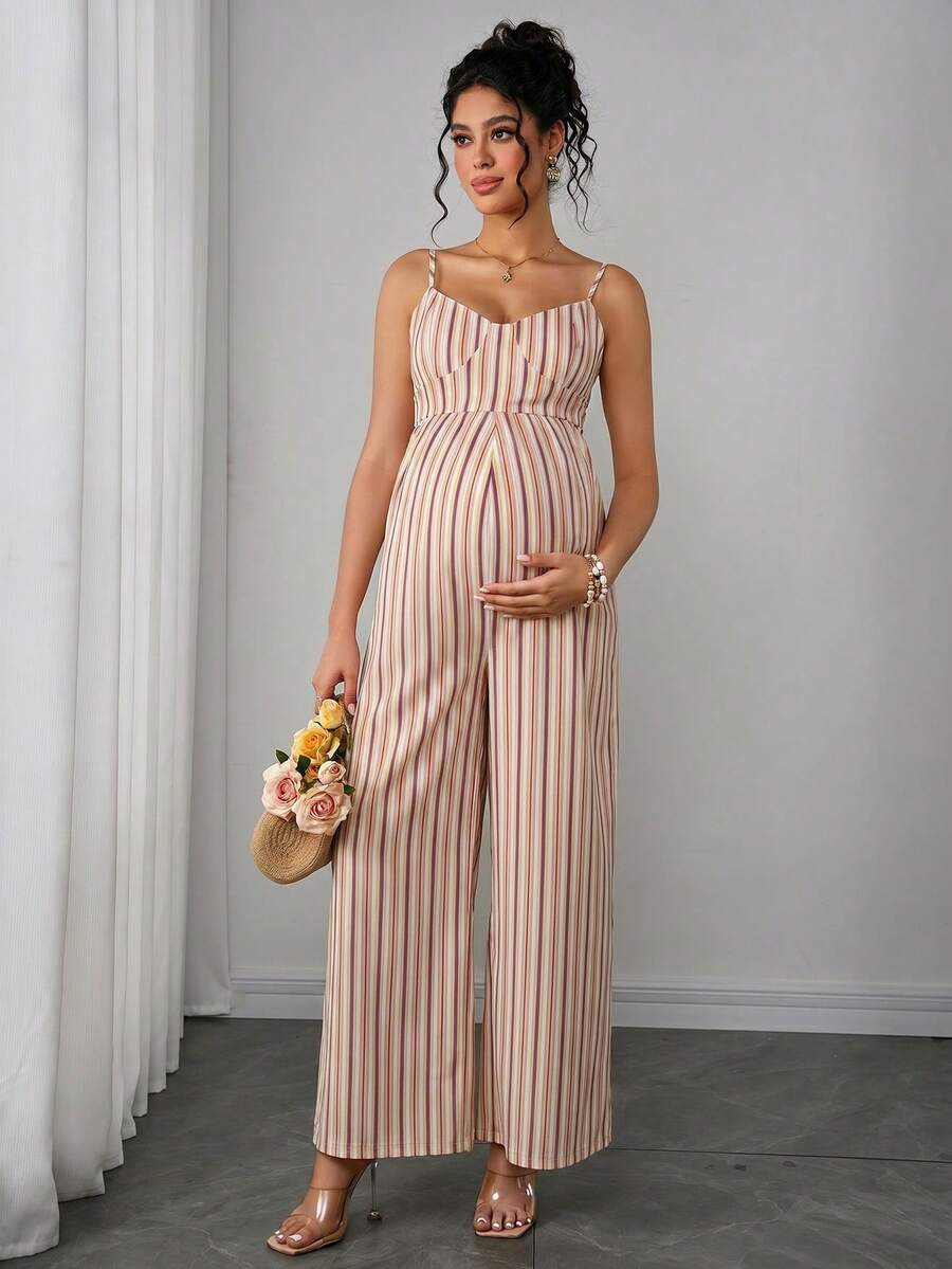 Maternity Striped Cami Jumpsuit - Spaghetti Strap, Wide Leg, Loose Fit, Cropped, Blue
