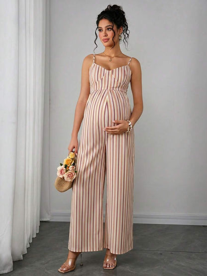 Maternity Striped Cami Jumpsuit - Spaghetti Strap, Wide Leg, Loose Fit, Cropped, Blue