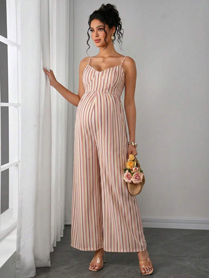 Maternity Striped Cami Jumpsuit - Spaghetti Strap, Wide Leg, Loose Fit, Cropped, Blue