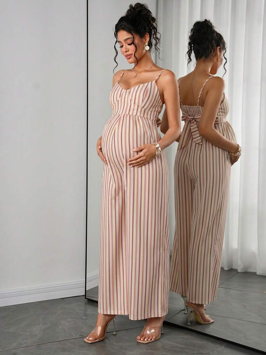 Maternity Striped Cami Jumpsuit - Spaghetti Strap, Wide Leg, Loose Fit, Cropped, Blue