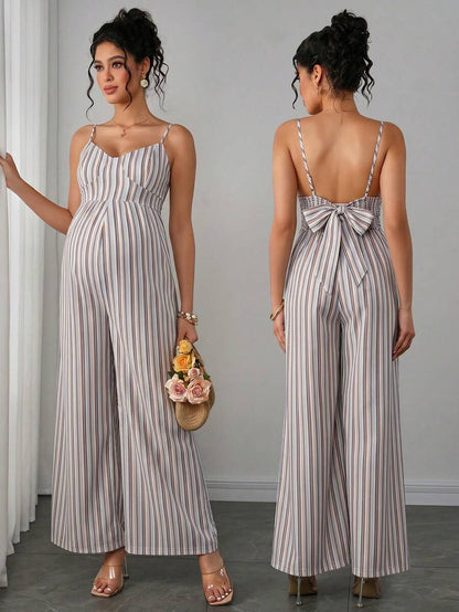 Maternity Striped Cami Jumpsuit - Spaghetti Strap, Wide Leg, Loose Fit, Cropped, Blue