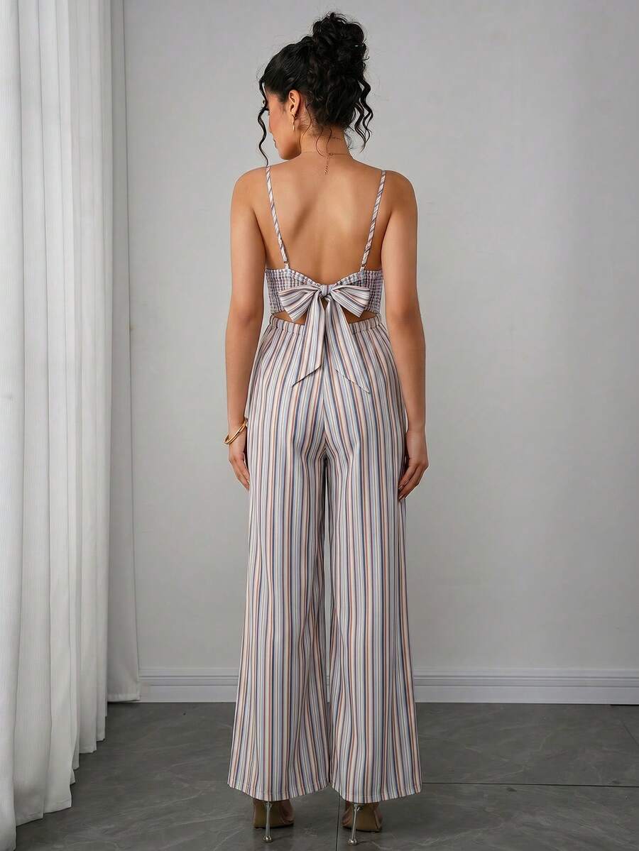 Maternity Striped Cami Jumpsuit - Spaghetti Strap, Wide Leg, Loose Fit, Cropped, Blue