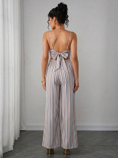 Maternity Striped Cami Jumpsuit - Spaghetti Strap, Wide Leg, Loose Fit, Cropped, Blue