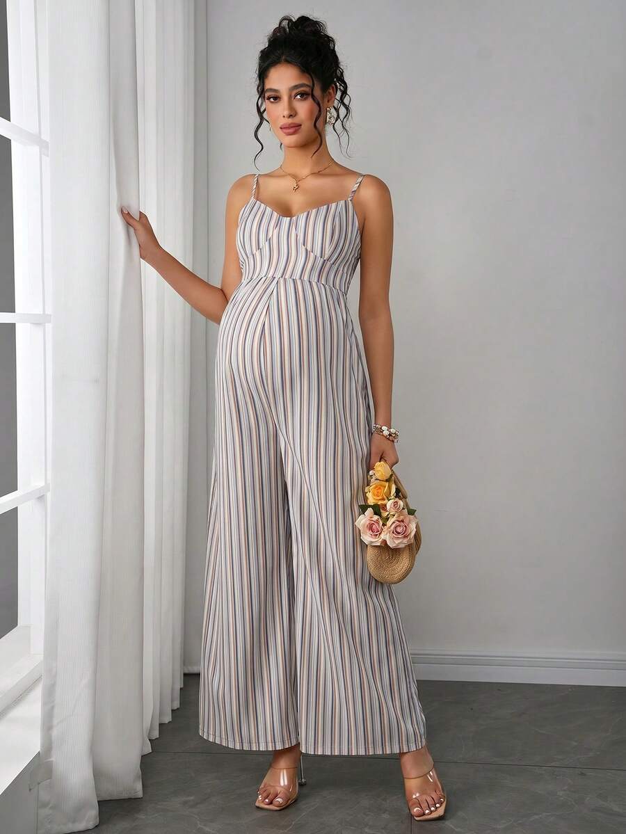 Maternity Striped Cami Jumpsuit - Spaghetti Strap, Wide Leg, Loose Fit, Cropped, Blue