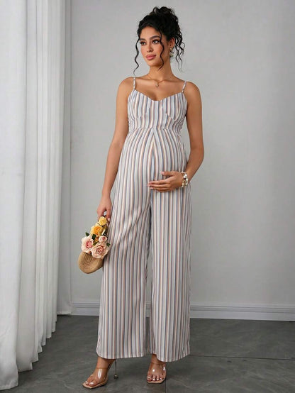 Maternity Striped Cami Jumpsuit - Spaghetti Strap, Wide Leg, Loose Fit, Cropped, Blue