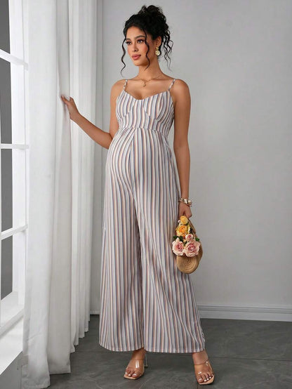 Maternity Striped Cami Jumpsuit - Spaghetti Strap, Wide Leg, Loose Fit, Cropped, Blue