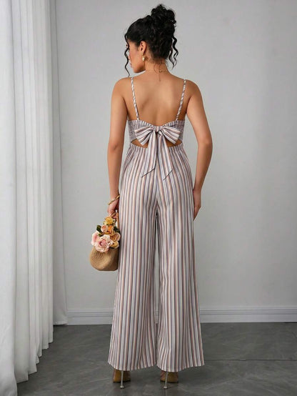 Maternity Striped Cami Jumpsuit - Spaghetti Strap, Wide Leg, Loose Fit, Cropped, Blue