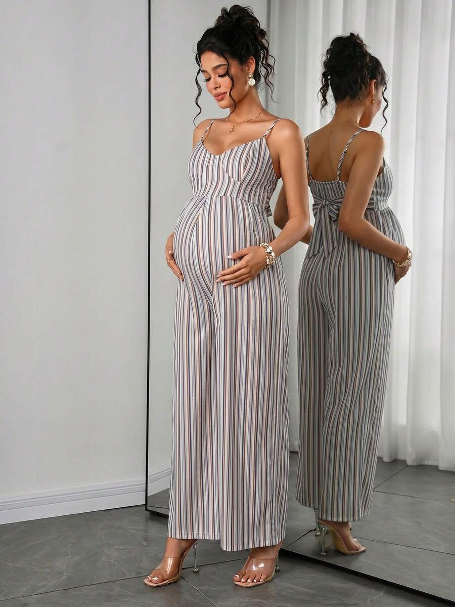 Maternity Striped Cami Jumpsuit - Spaghetti Strap, Wide Leg, Loose Fit, Cropped, Blue