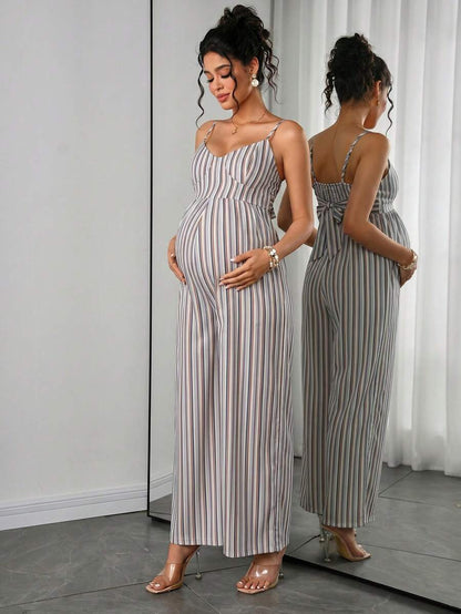 Maternity Striped Cami Jumpsuit - Spaghetti Strap, Wide Leg, Loose Fit, Cropped, Blue