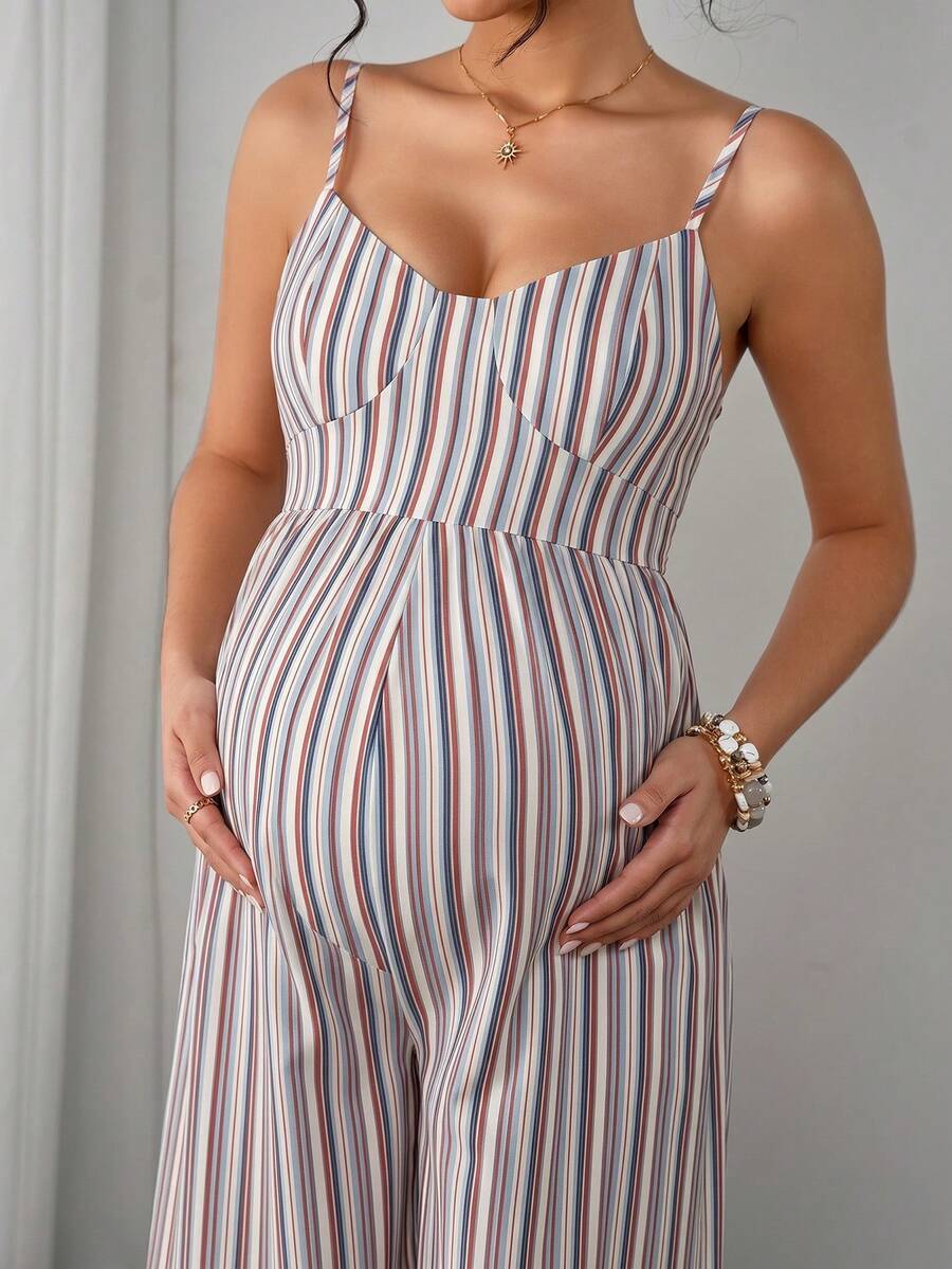 Maternity Striped Cami Jumpsuit - Spaghetti Strap, Wide Leg, Loose Fit, Cropped, Blue