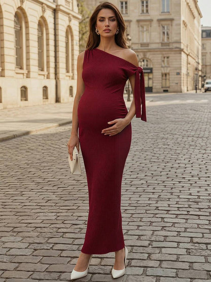 Maternity Fitted Midi Dress - Asymmetrical Neck, Split Sleeve, Jacquard, Slim Fit, Black
