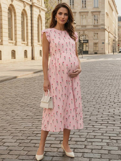 Maternity Floral Nursing Midi Dress - Round Neck, Flounce Shoulder, Flared Hem, Baby Pink