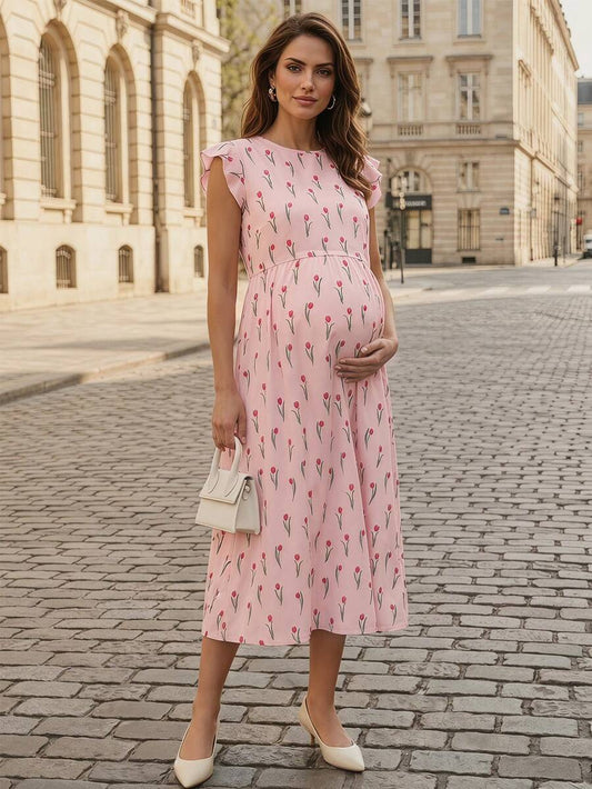 Maternity Floral Nursing Midi Dress - Round Neck, Flounce Shoulder, Flared Hem, Baby Pink