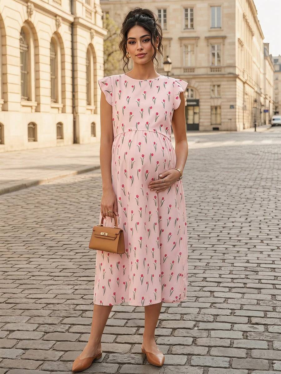 Maternity Floral Nursing Midi Dress - Round Neck, Flounce Shoulder, Flared Hem, Baby Pink