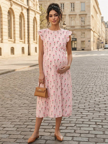 Maternity Floral Nursing Midi Dress - Round Neck, Flounce Shoulder, Flared Hem, Baby Pink