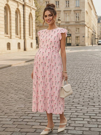 Maternity Floral Nursing Midi Dress - Round Neck, Flounce Shoulder, Flared Hem, Baby Pink