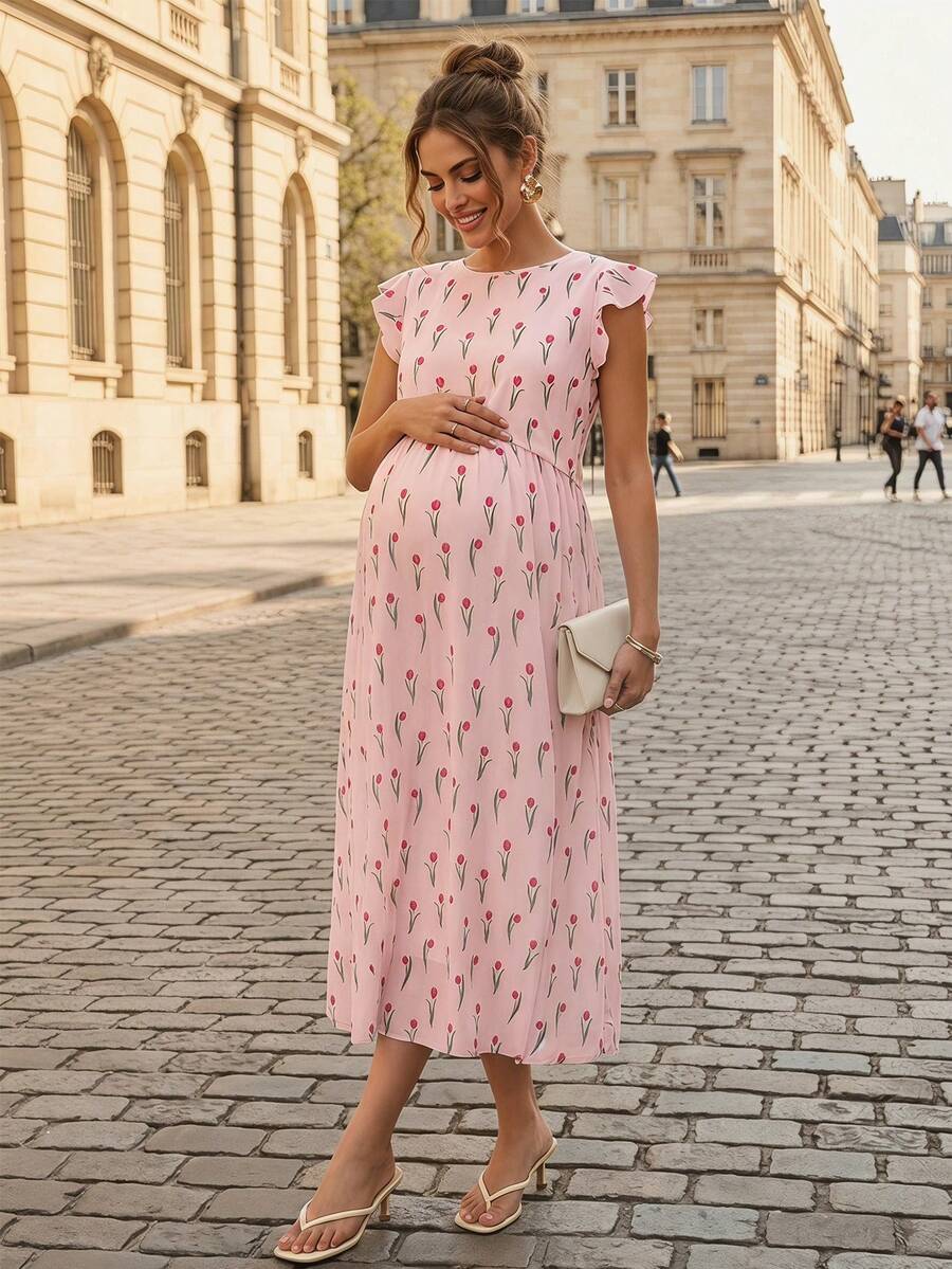 Maternity Floral Nursing Midi Dress - Round Neck, Flounce Shoulder, Flared Hem, Baby Pink