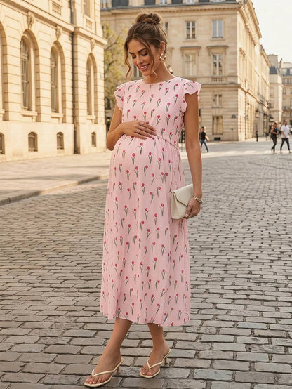 Maternity Floral Nursing Midi Dress - Round Neck, Flounce Shoulder, Flared Hem, Baby Pink