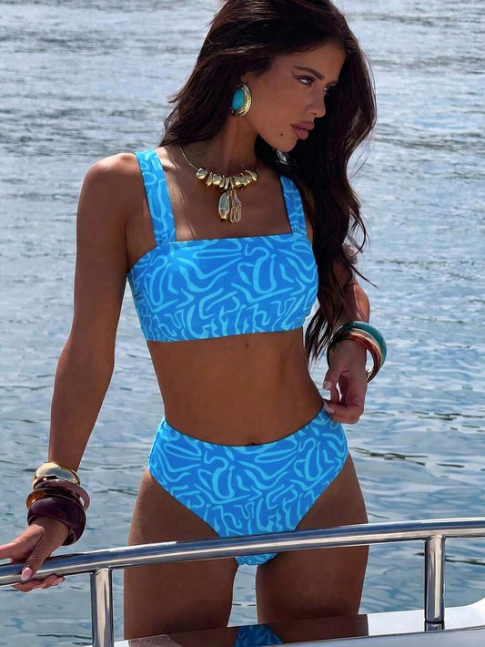 Women's 2-Piece Square Neck Bikini Set - Shoulder Strap, High Waist, All Over Print, Blue