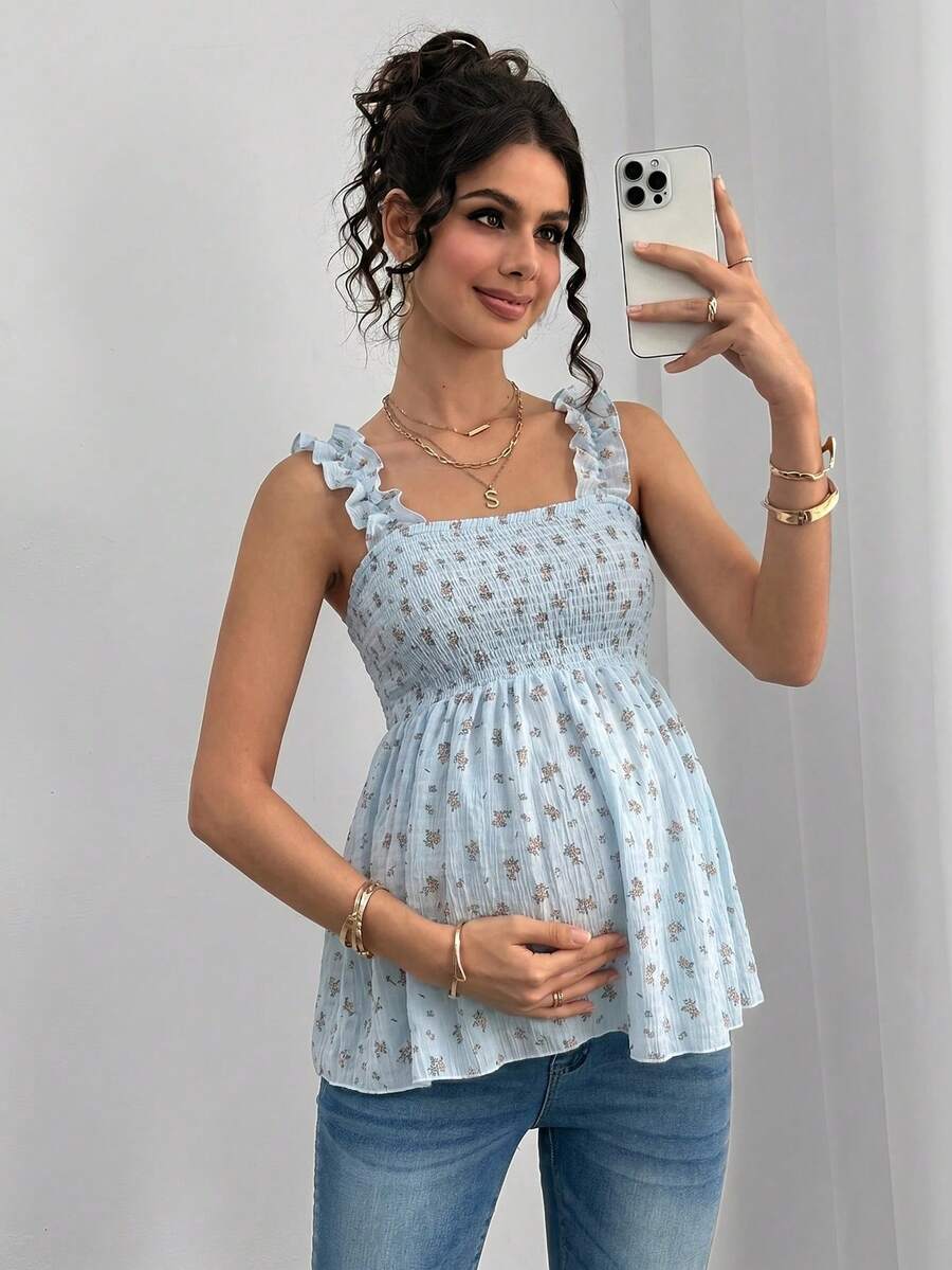 Maternity Boho A-Line Camisole - Floral Print, Wide Strap, Frill Trim, Mauve Purple