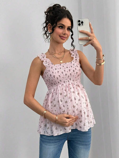 Maternity Boho A-Line Camisole - Floral Print, Wide Strap, Frill Trim, Mauve Purple