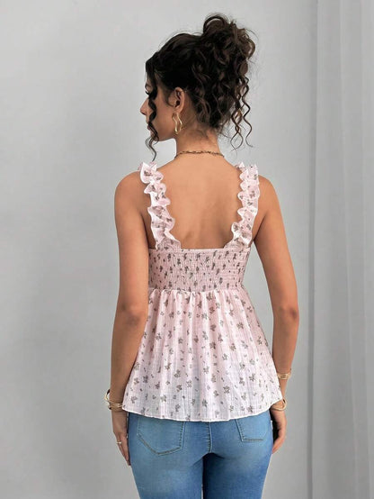 Maternity Boho A-Line Camisole - Floral Print, Wide Strap, Frill Trim, Mauve Purple